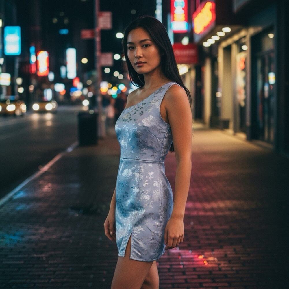 Lucy In The Sky Blue One Shoulder Mini Dress M Floral Satin Party Dress